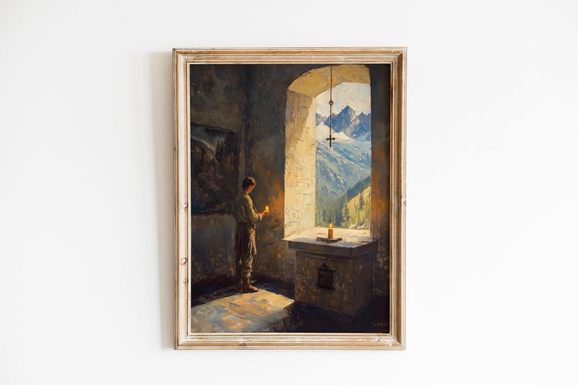 Mountain Chapel Candlelight Hiker Stone Sanctuary Oil Painting Poster