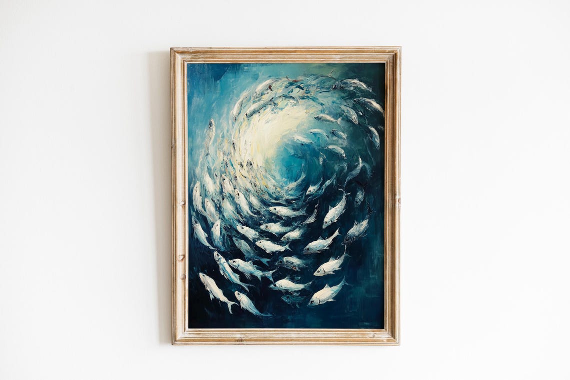 School of Fish Swirling Vortex Metallic Deep Sea Ocean Art Poster