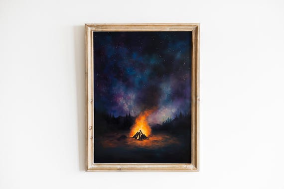 Cozy Campfire Under Starry Night Sky Rustic Wall Art Moody Outdoor Scene Decor Inviting 617