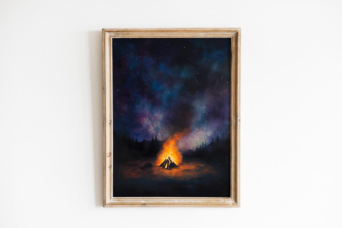Campfire Under Starry Night Sky Forest Wilderness Oil Painting Poster