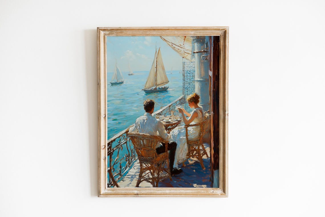 Romantic Couple Coffee on Ship Terrace Sailboat View Painting Print