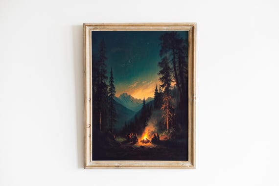 Moody Campfire Scene In Mountain Valley Rustic Landscape Art Cozy Twilight Decor For Wall 68