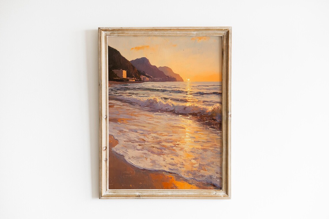 Golden Dawn Seascape Print Sunlit Beach Waves Cliffs Ocean Sunrise Art