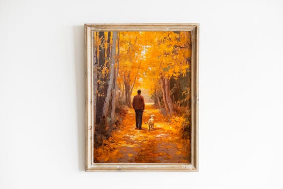 Man And Dog Strolling Autumn Woodland Path Golden Foliage Art Print