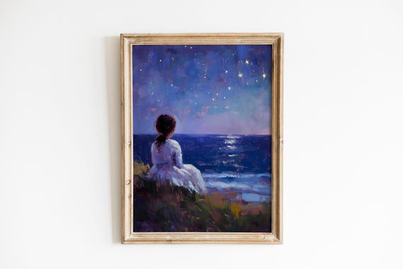 Moody Coastal Scene With Child Watching Stars Serene Ocean Art Deep Blues And Twilight Glow Wall 124
