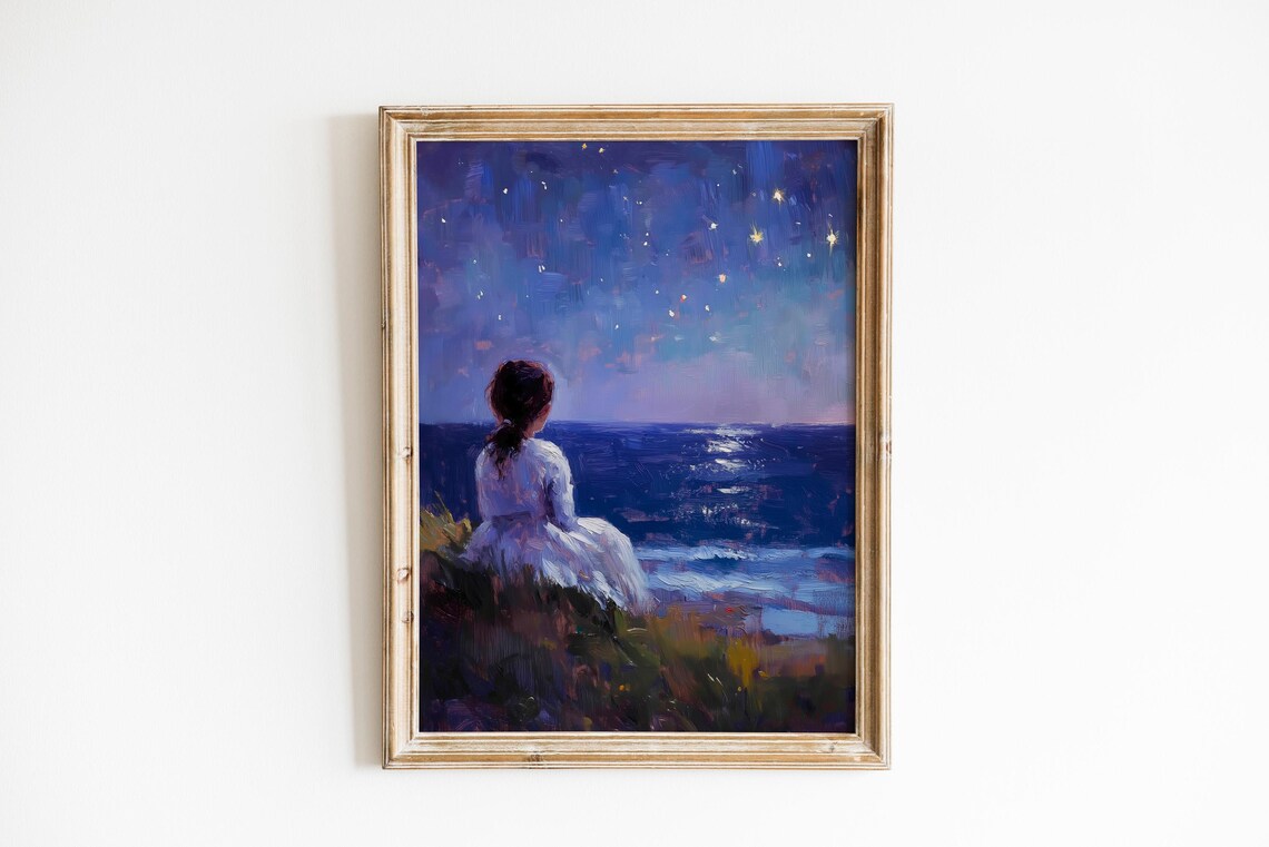 Girl Watching Stars Over Moonlit Ocean From Cliff Night Art Print