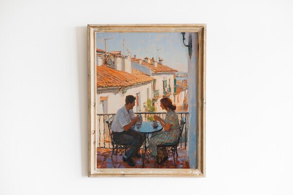 Mediterranean Balcony Coffee Couple Sunny Terrace Vintage Oil Print