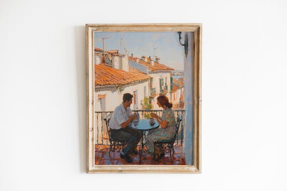 Mediterranean Balcony Romance Painting Cozy Vintage Art Impressionistic Style Warm Couple Coffee Moment 1017