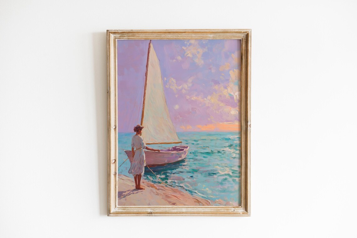Woman Boarding Small Sailboat At Lavender Sunset Shoreline Poster