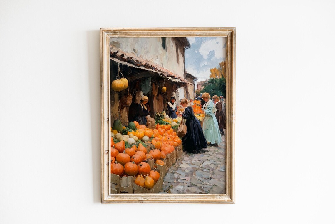 Autumn Village Pumpkin Market Rustic Old World Painting Poster