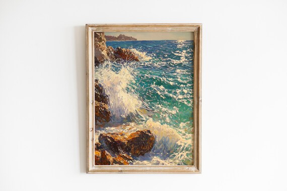 Sunlit Ocean Waves Over Rocky Reefs Bright Coastal Seascape Poster