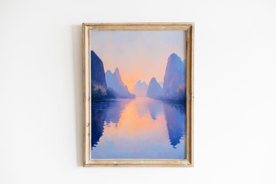 Serene Karst Mountain Landscape Pastel Sunrise River Painting Tranquil Nature Wall Art Soothing Decor 891