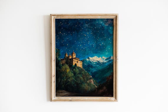 Gothic Hilltop Monastery At Night Moody Romantic Nightscape Art Dramatic Starry Sky Scene Wall 788