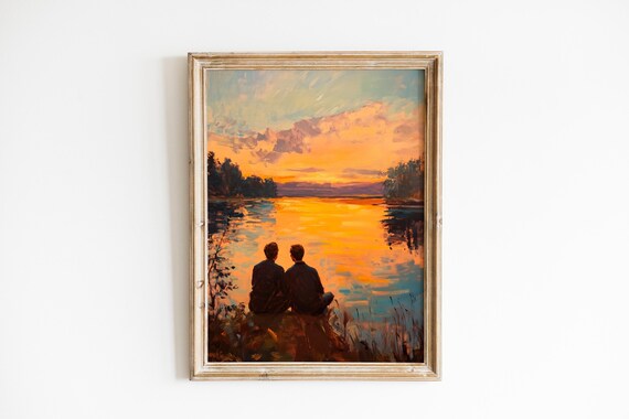 Serene Sunset Wall Art Cozy Silhouette Of Friends At Lakeside Warm Landscape Decor Moody 111