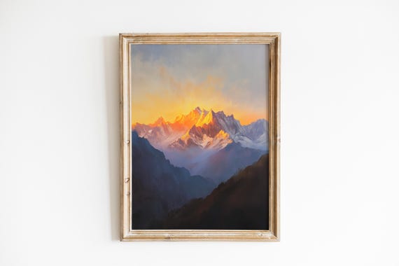 Himalayan Sunrise Painting Majestic Mountain Peaks Serene Vertical Landscape Wall Art Earthy Dramatic View Atmospheric 869
