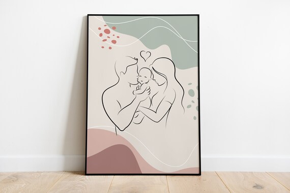 Happy Family Line Art Mom Dad Baby Print Boho Drawing