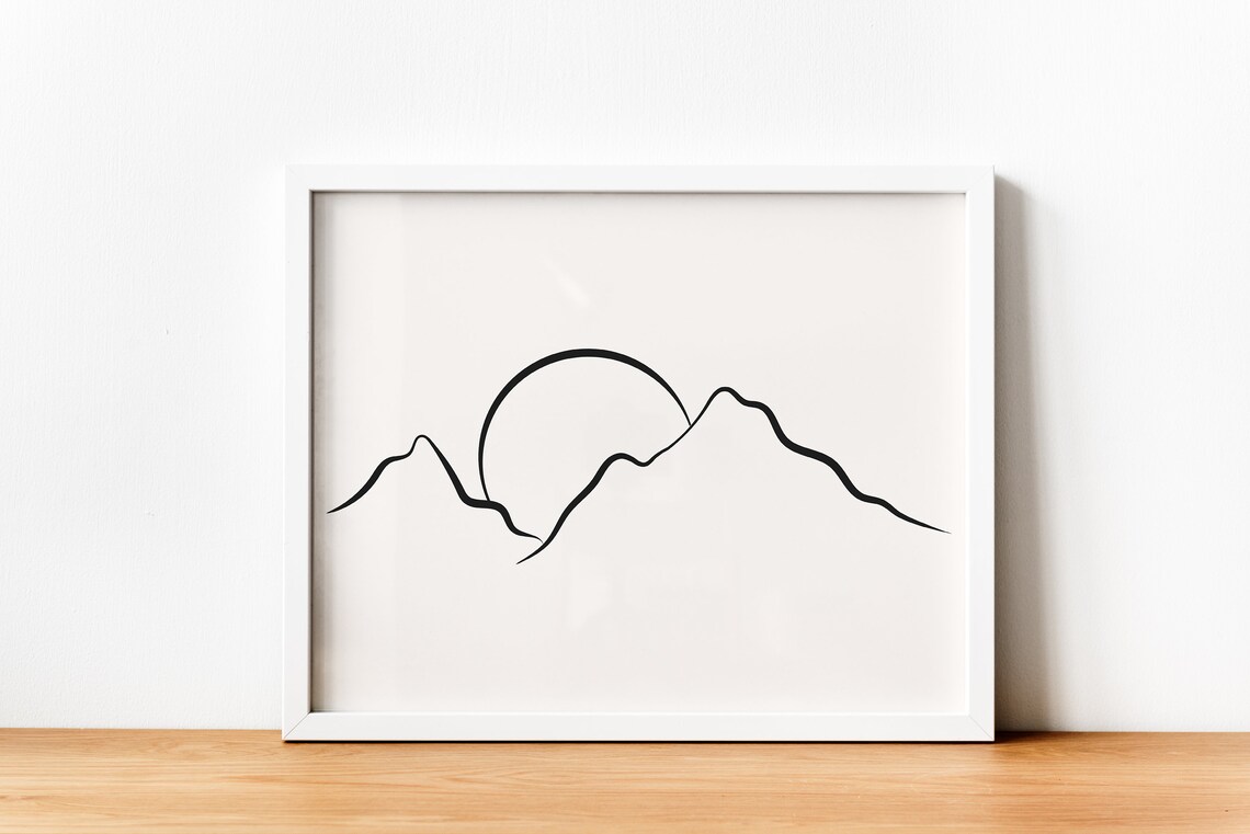 Sun Mountains One Line Art Minimalist Sunset Outline Nature Print