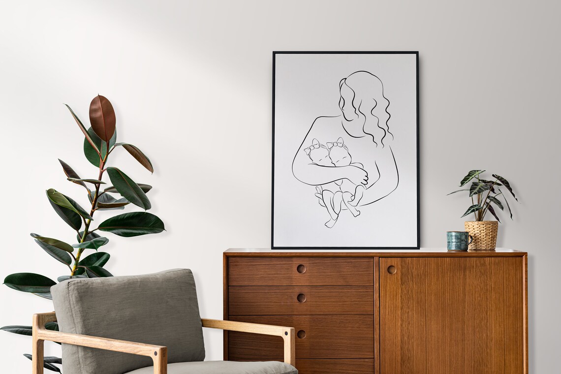 Mom And Twin Girls Line Art Mother Twins Nursery Sweet Print