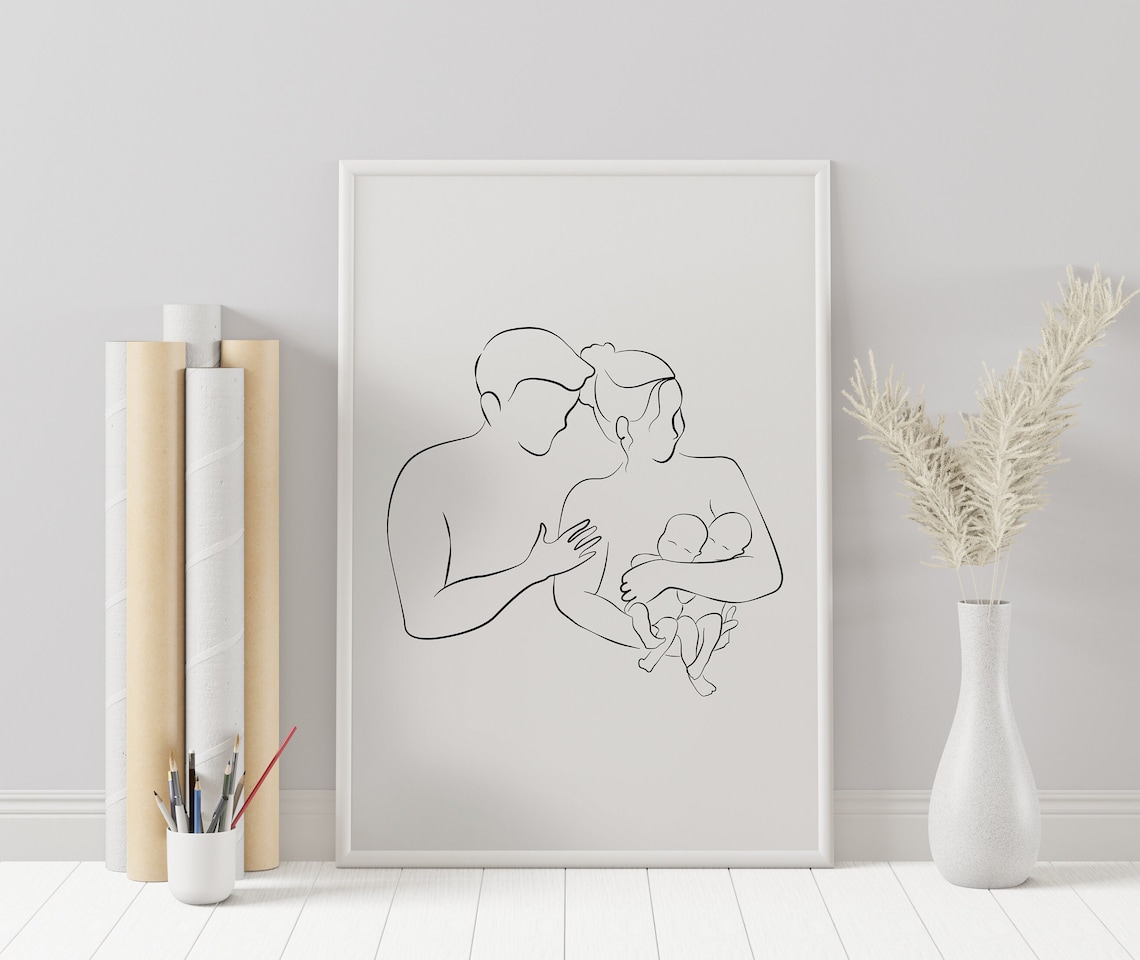 Mom Dad Twins Line Art Newborn Babies Family Minimalist Print
