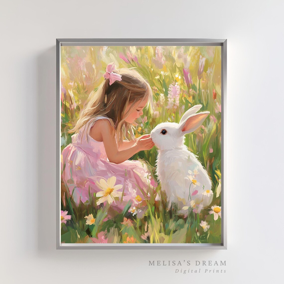 Girl with White Bunny Poster Spring Meadow Pink Dress Whimsical Nursery Art