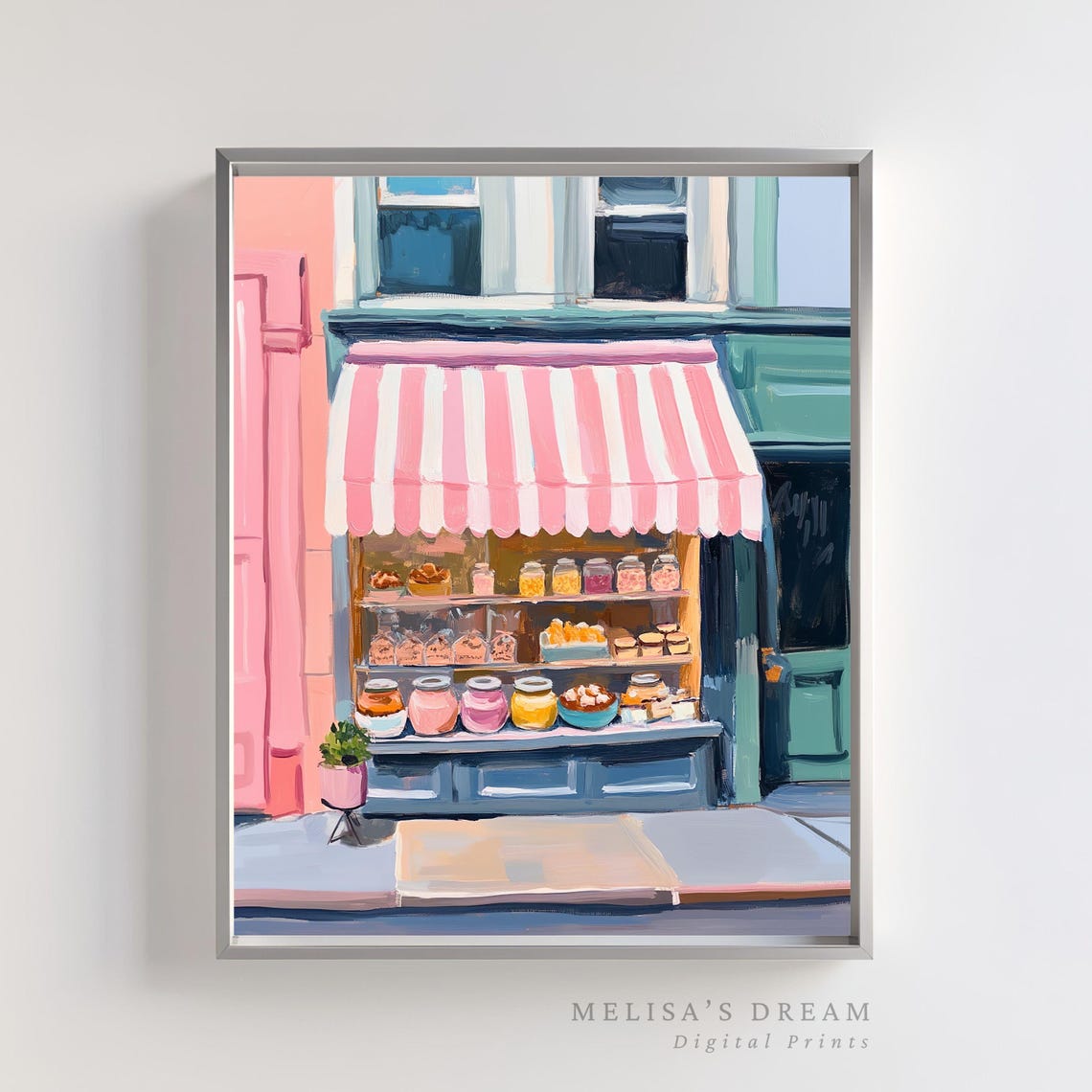 Pink Candy Shop Storefront Striped Awning Whimsical Art Poster