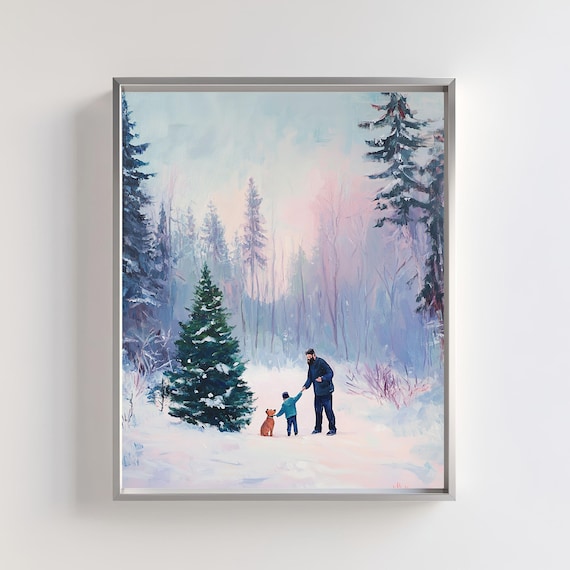 Father And Child Picking Christmas Tree With Dog In Snow Art Poster