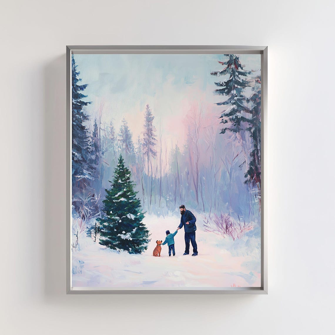 Father And Child Picking Christmas Tree With Dog In Snow Art Poster