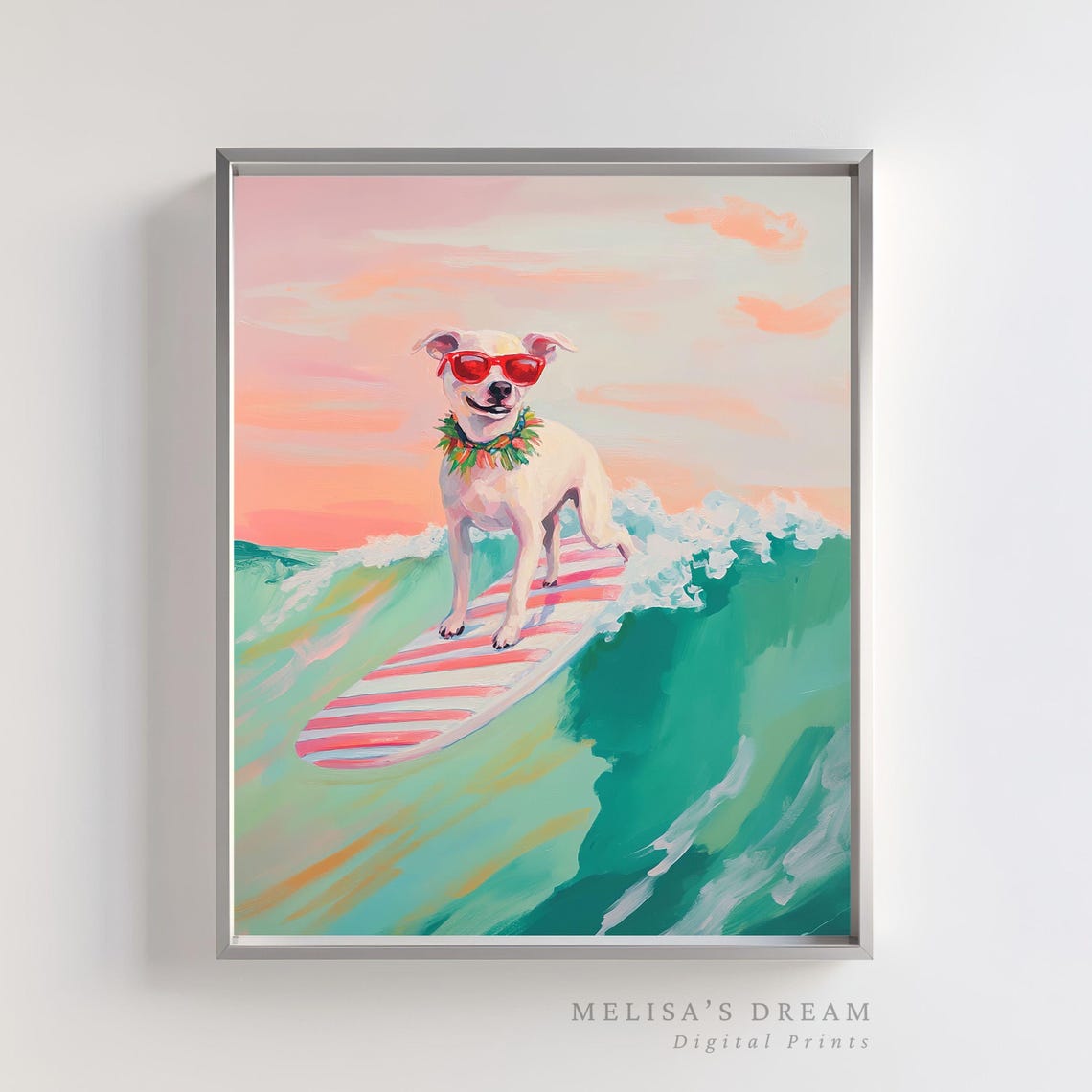 Surfing Dog Red Sunglasses Lei Tropical Wave Funny Art Poster