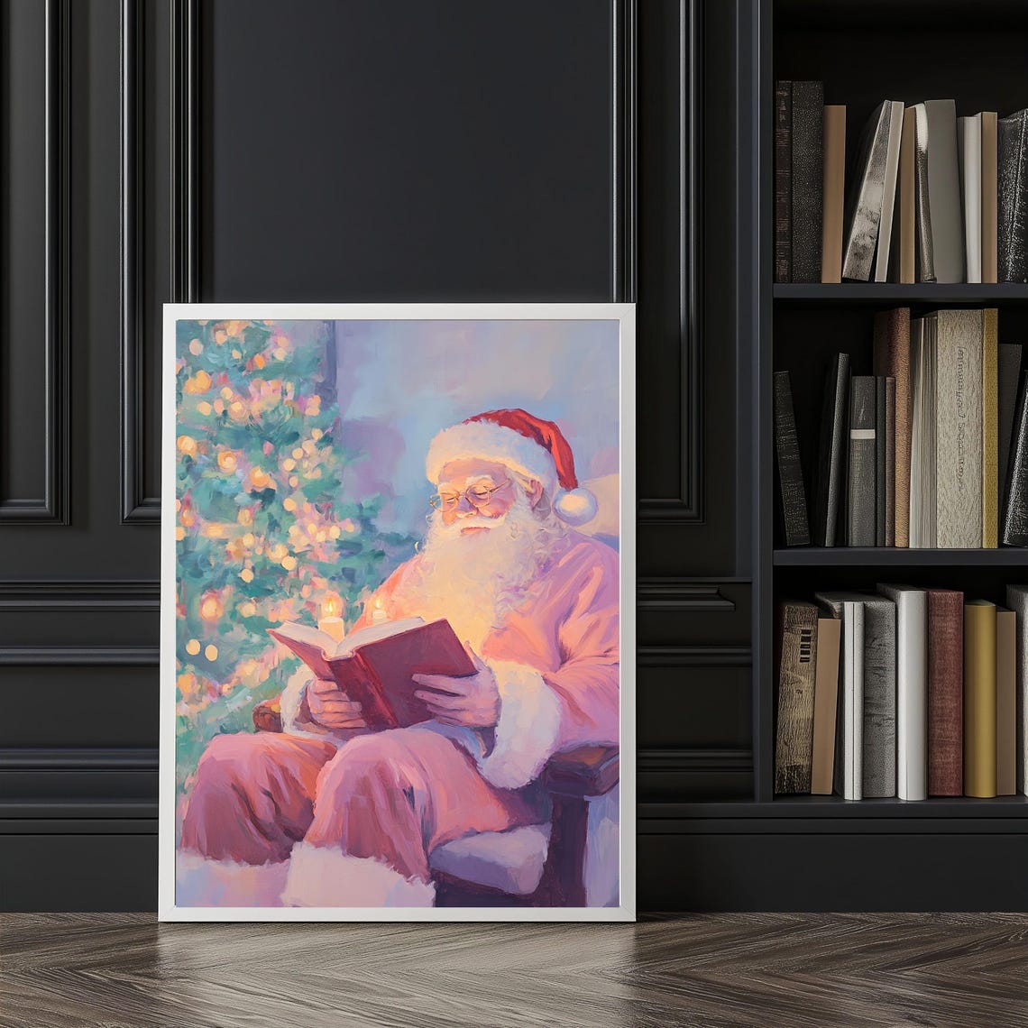 Santa Claus Reading Book By Candlelight Christmas Tree Art Poster - Image 2