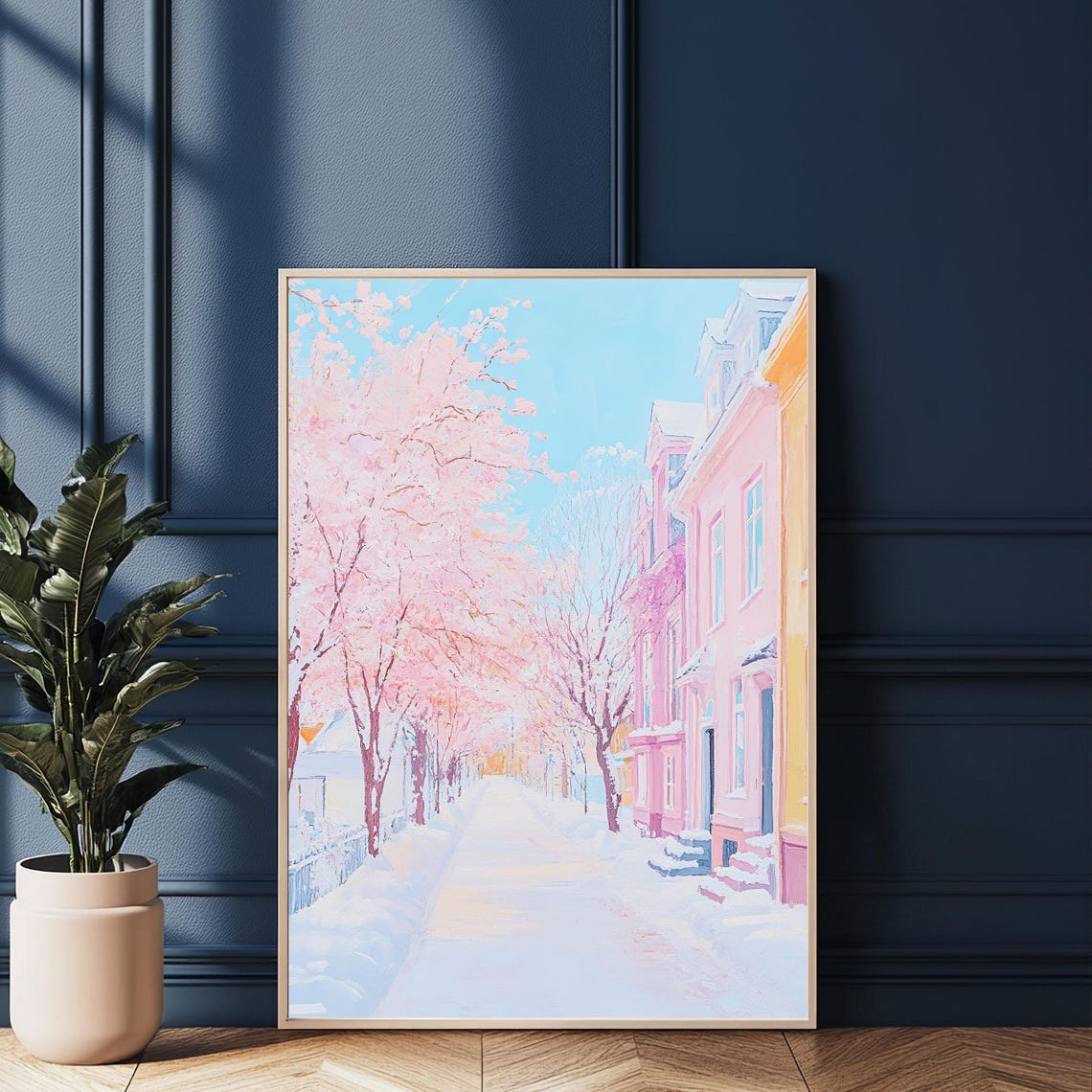 Winter Street Art Pastel Cityscape With Snowy Pink Tree Serene Winter Wonderland Decor City Winter Scene Winter Wall Decor - Image 3