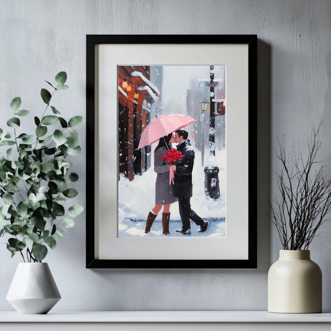 Romantic Winter Couple Kissing In Snow, Art Print - Image 5