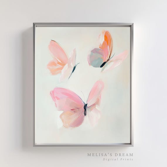 Pink Butterfly Wall Art Abstract Pastel Butterfly Feminine Watercolor Nursery Decor Soft Boho Room Print