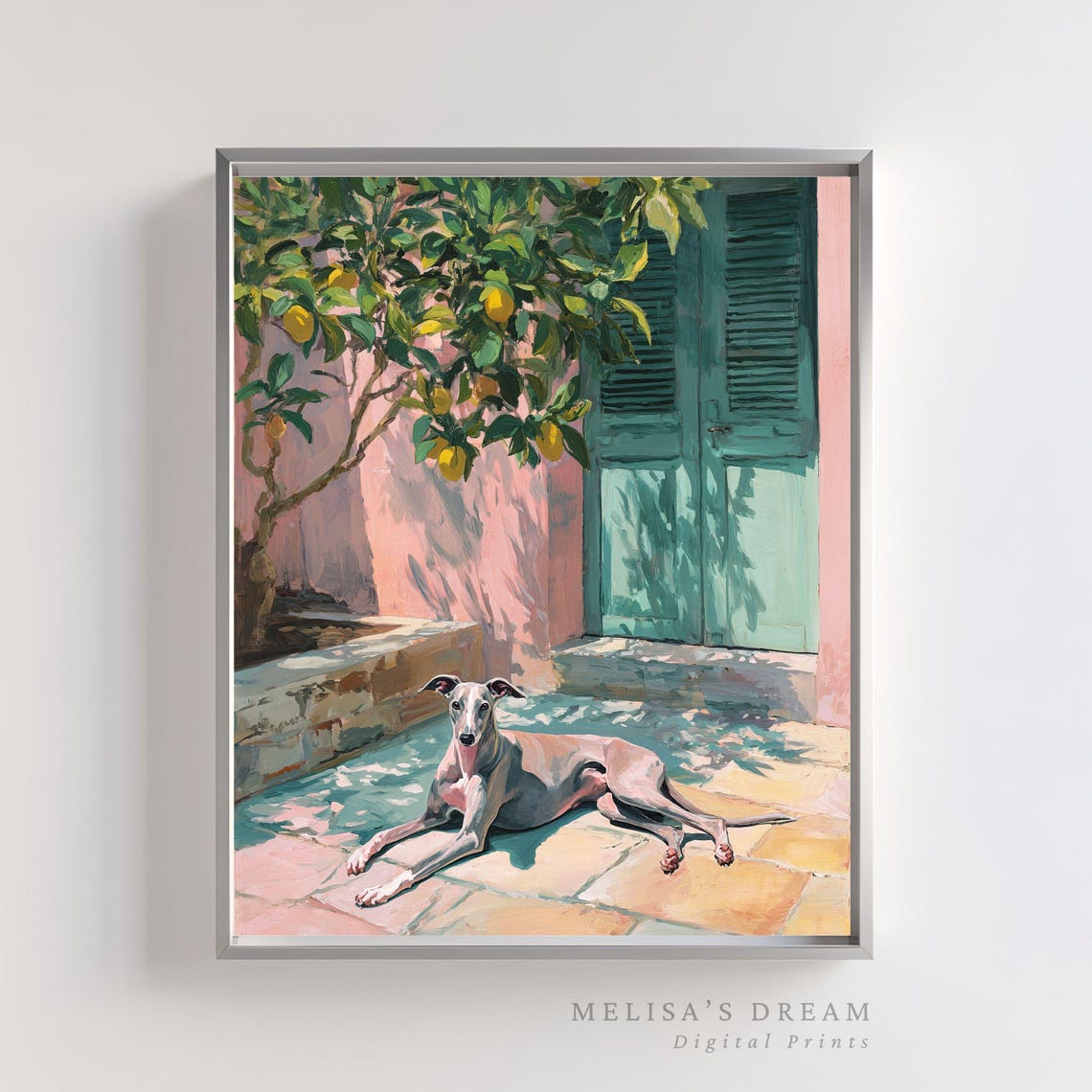 Whippet Dog Lemon Tree Mediterranean Courtyard Pastel Painting Poster