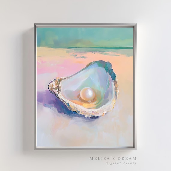 Oyster Shell Pearl Pastel Beach Coastal Still Life Art Poster