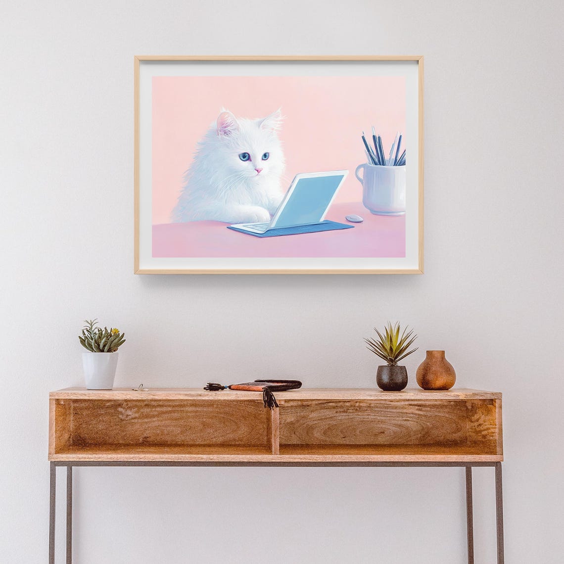 White Cat Working on Laptop Pink Home Office Desk Animal Poster - Image 3