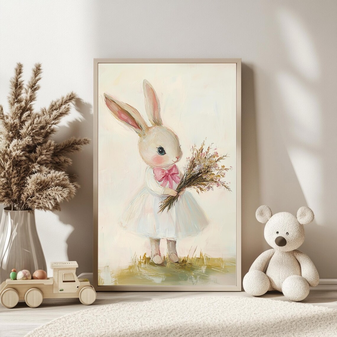 Sweet Bunny Girl in White Dress Holding Flower Bouquet Nursery Poster - Image 2