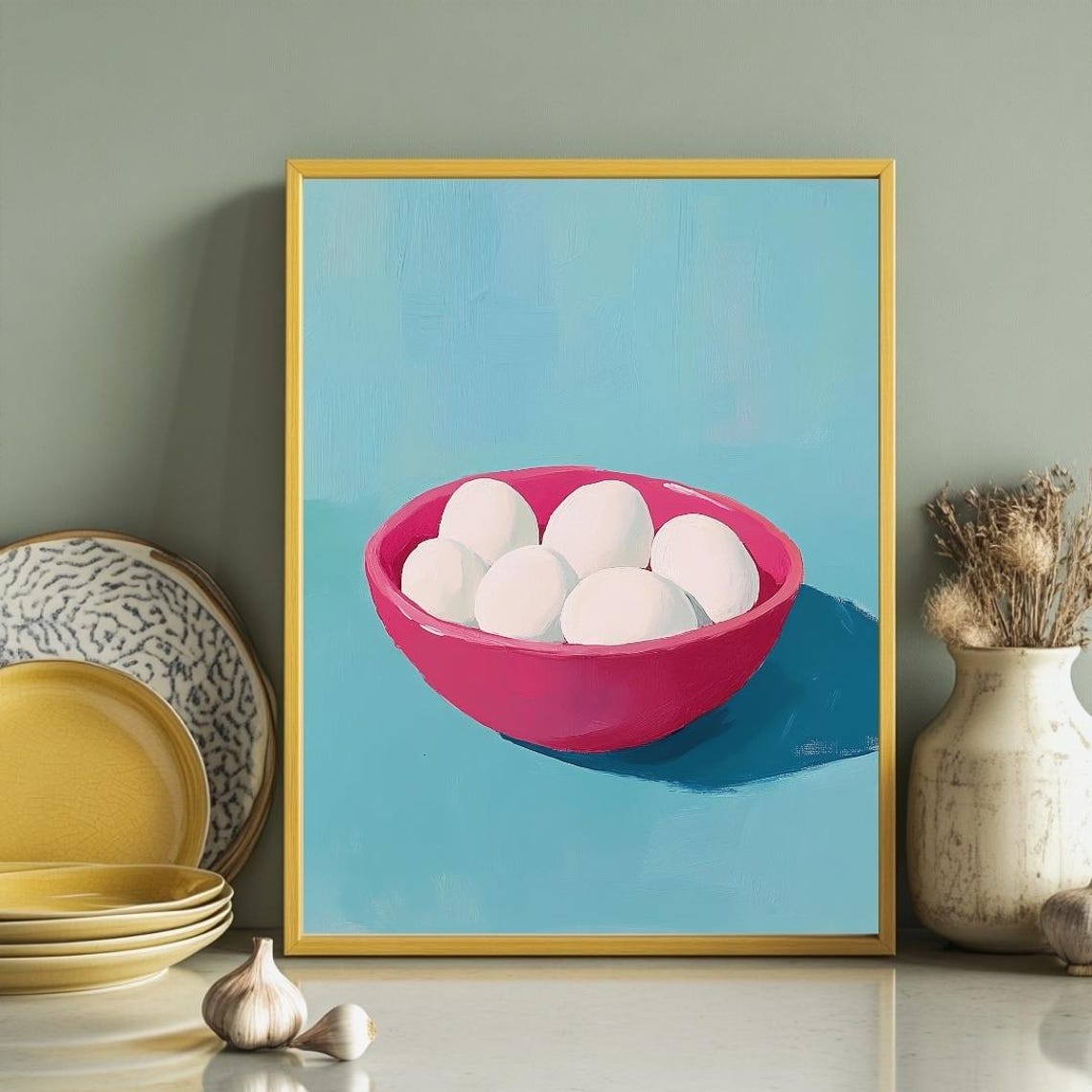 White Eggs In A Pink Bowl Minimalist Teal Kitchen Art Poster - Image 2