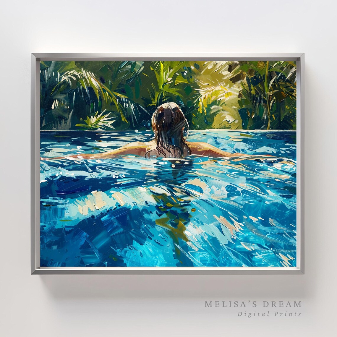 Woman Swimming In Tropical Jungle Pool Impressionist Painting Poster