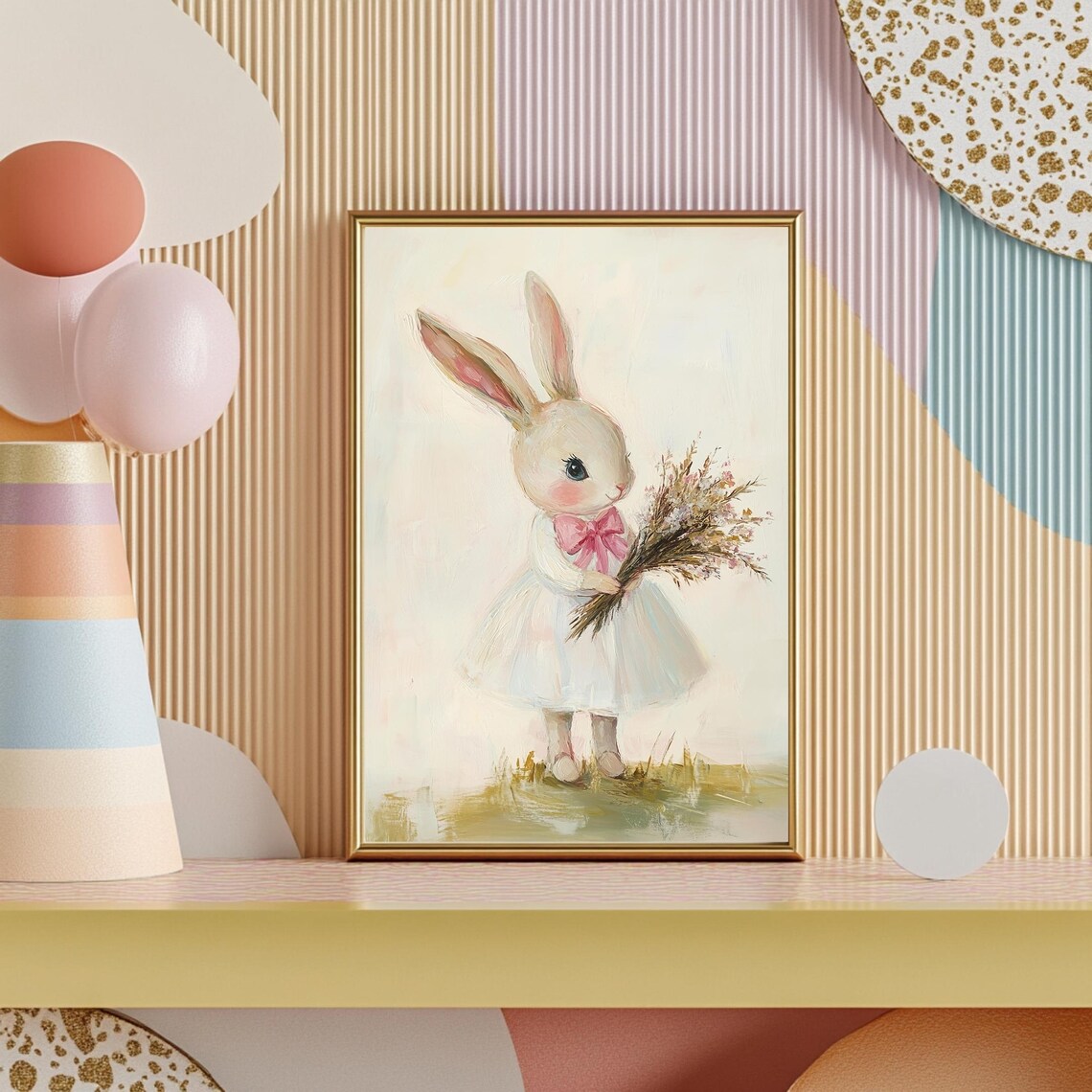 Sweet Bunny Girl in White Dress Holding Flower Bouquet Nursery Poster - Image 4