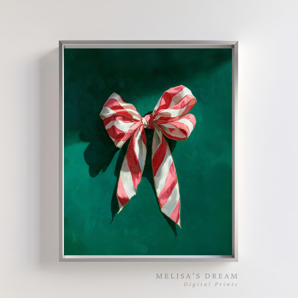 Christmas Bow Art Print, Red White Striped Ribbon