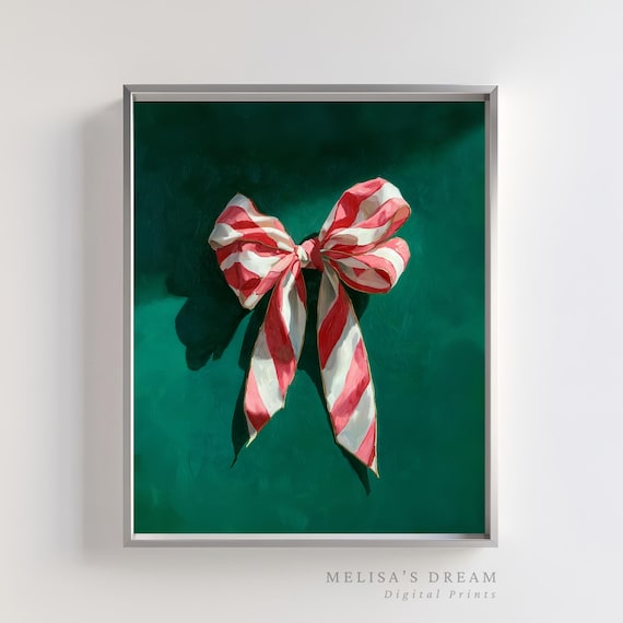 Christmas Bow Art Print, Red White Striped Ribbon