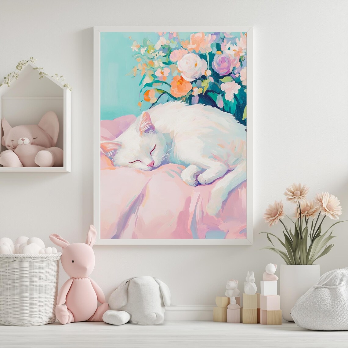 Sleeping White Cat Pastel Floral Bouquet Cat Lover Gift Poster - Image 4