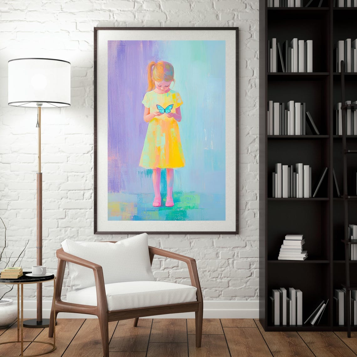 Girl in Yellow Dress Holding Blue Butterfly Pastel Art Poster - Image 2