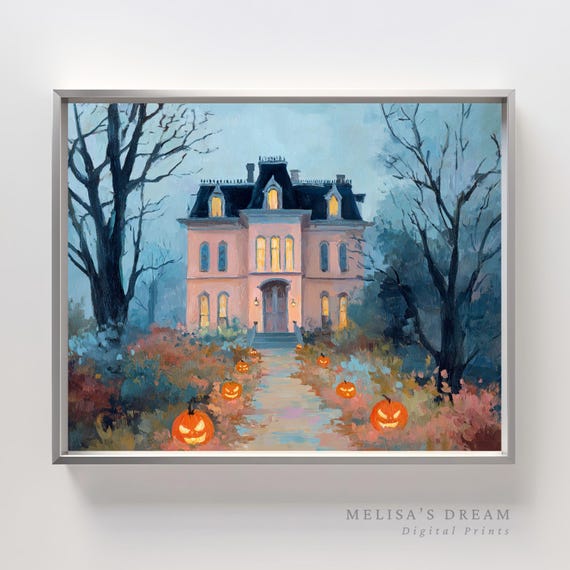 Haunted House Wall Art Halloween Spooky Gothic Mansion Painting With Pumpkins Fall Home Decor Artwork