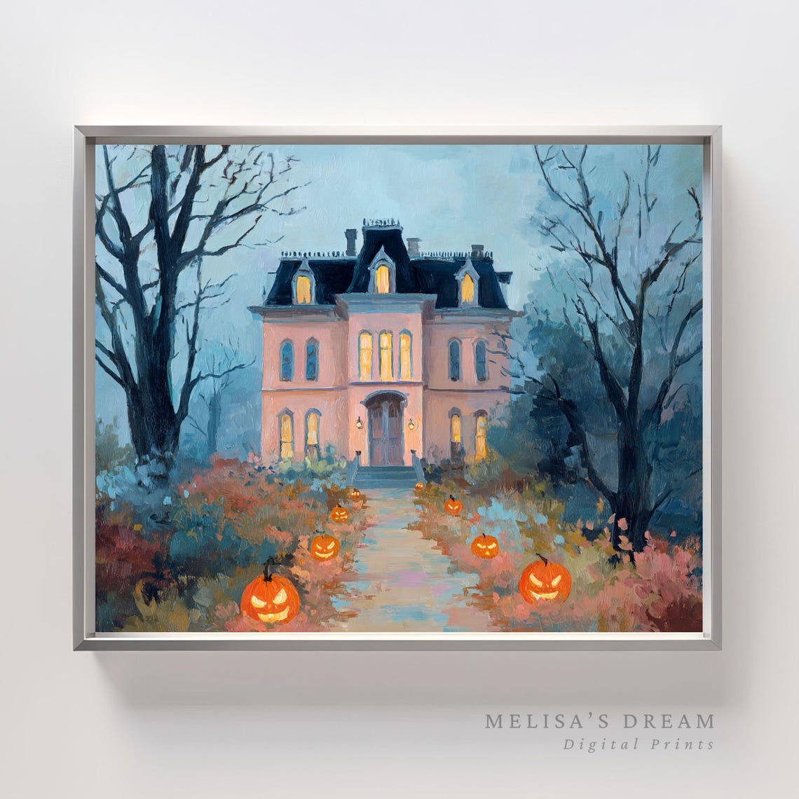 Spooky Haunted Gothic Mansion Halloween Night Painting Poster