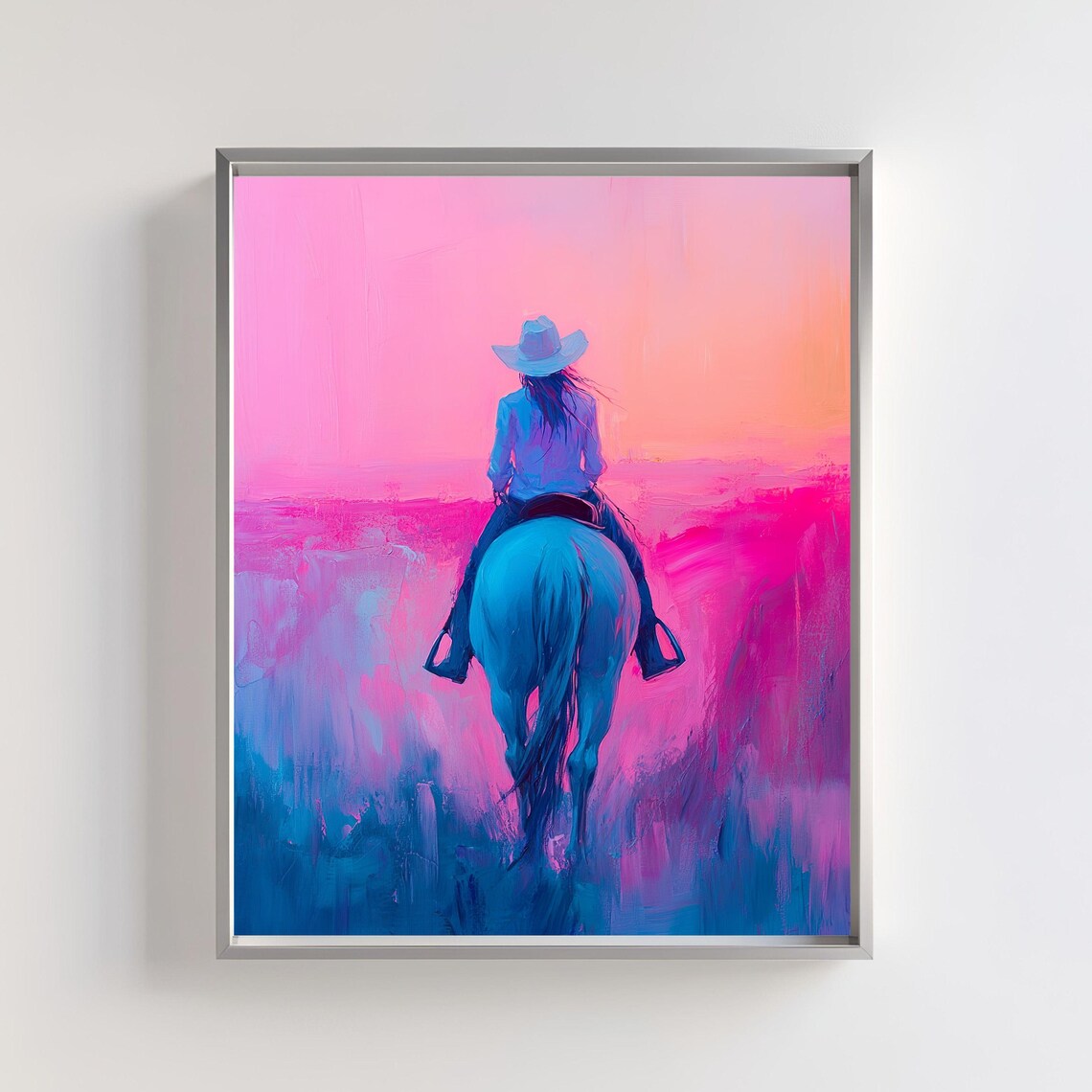 Cowgirl On Horse Art Print, Western Sunset Ranch Life