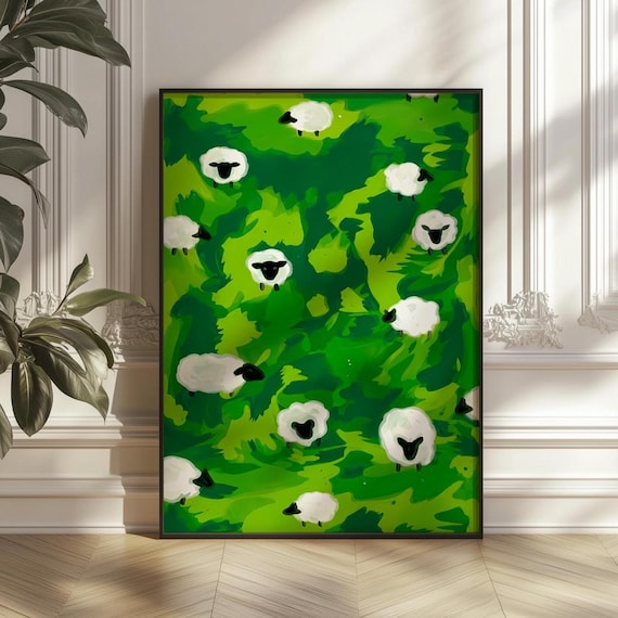Sheep On Green Meadow Print Abstract Pastoral Wall Art Whimsical Farm Animal Poster Digital Download Printable Home Decor
