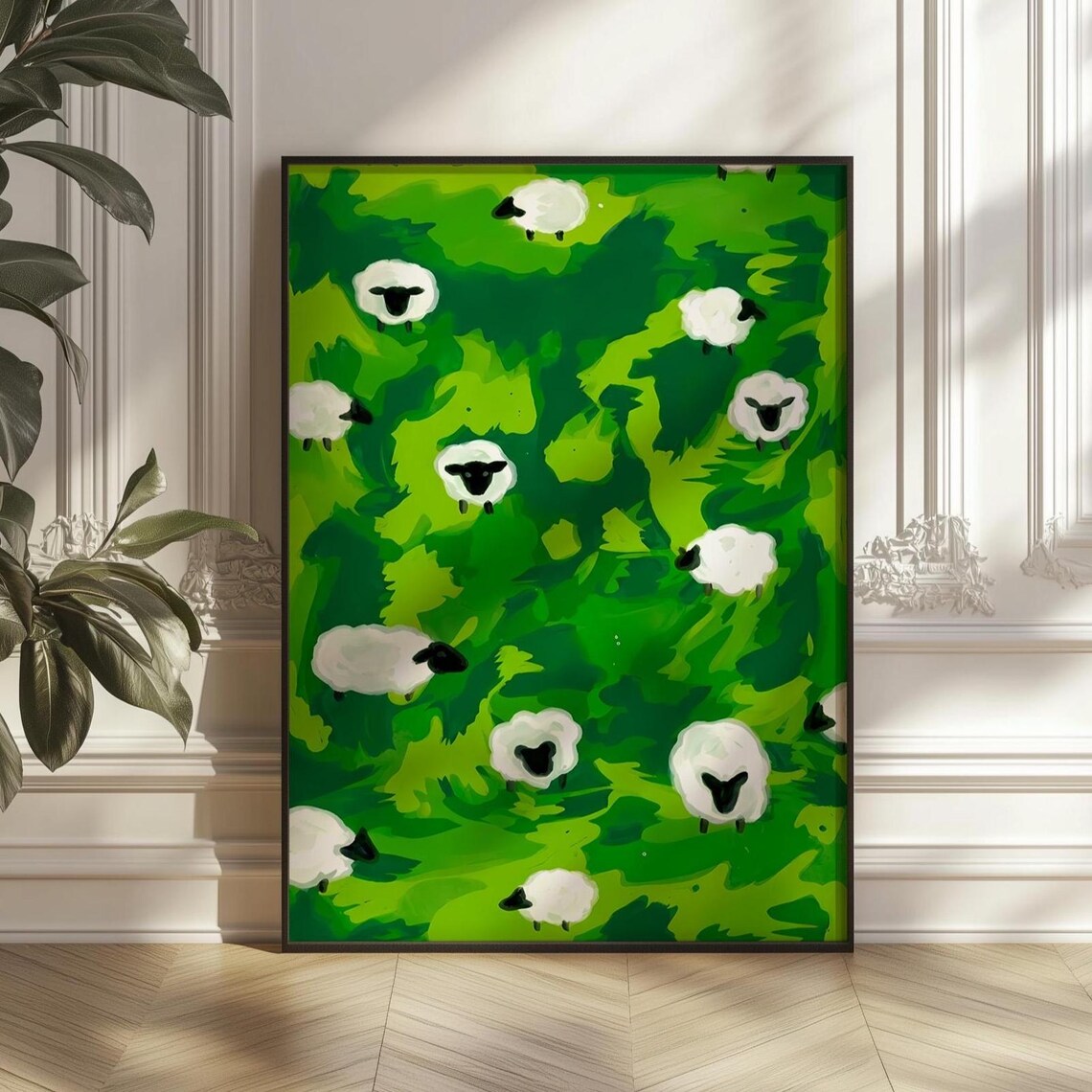 Sheep Grazing Green Meadow Abstract Pastoral Farm Animal Poster