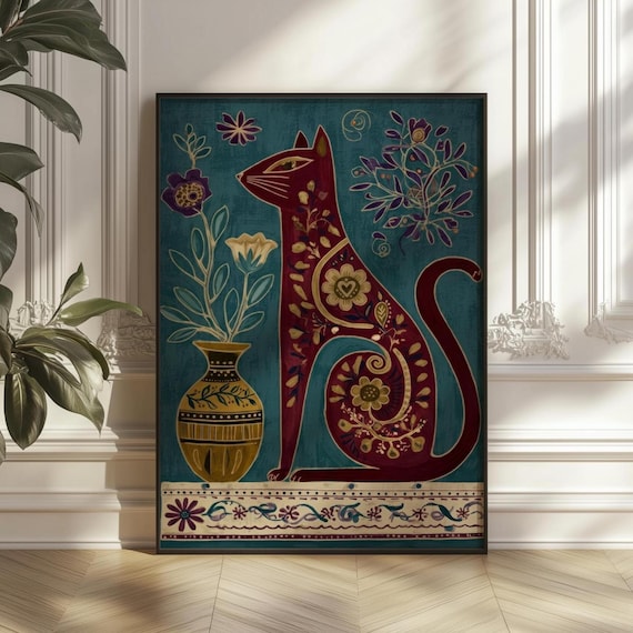 Folk Art Cat Wall Printable Floral Patterned Red Poster Boho Vintage Illustration Teal Background Digital Download Decor