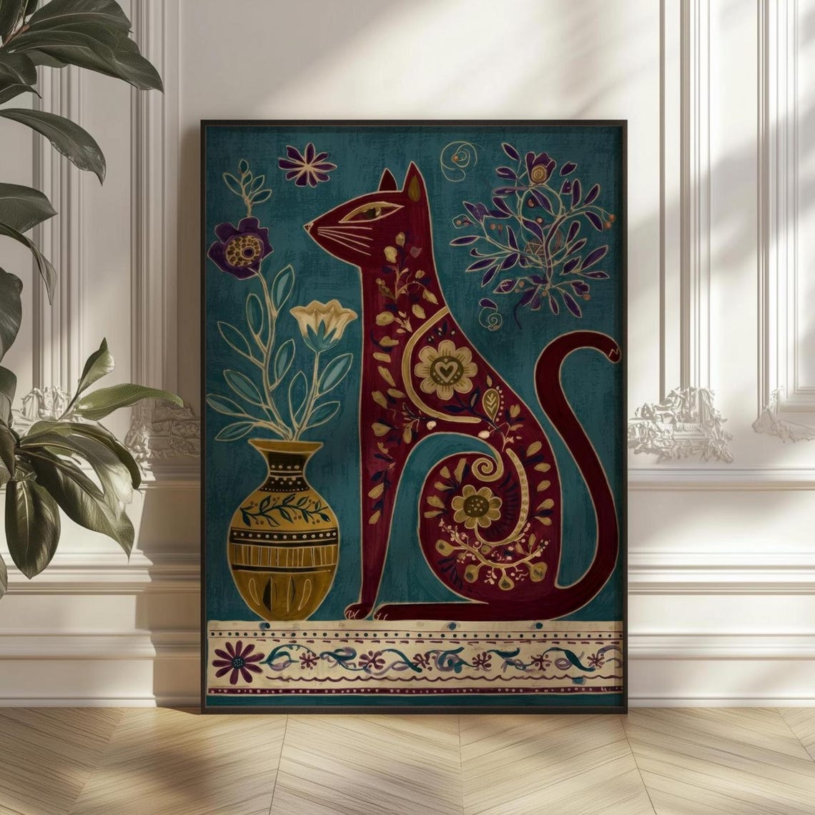 Red Folk Art Cat With Floral Patterns On Teal Vintage Style Poster